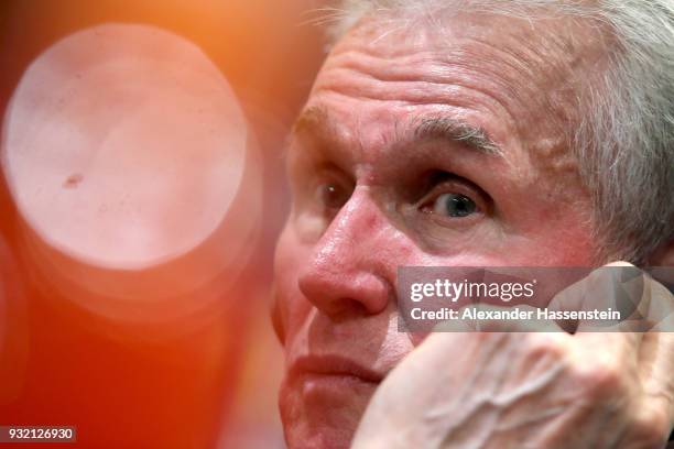 Jupp Heynckes, head coach of Bayern Muenchen looks on during a press conference after the UEFA Champions League Round of 16 Second Leg match Besiktas...