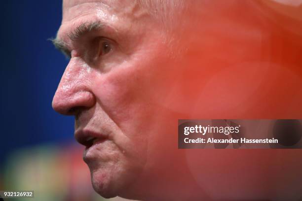 Jupp Heynckes, head coach of Bayern Muenchen looks on during a press conference after the UEFA Champions League Round of 16 Second Leg match Besiktas...