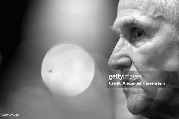 Jupp Heynckes, head coach of Bayern Muenchen looks on during a press conference after the UEFA Champions League Round of 16 Second Leg match Besiktas...