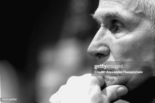 Jupp Heynckes, head coach of Bayern Muenchen looks on during a press conference after the UEFA Champions League Round of 16 Second Leg match Besiktas...