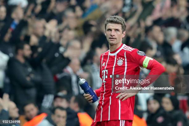 Thomas Mueller of FC Bayern Muenchen looks on during the UEFA Champions League Round of 16 Second Leg match Besiktas and Bayern Muenchen at Vodafone...