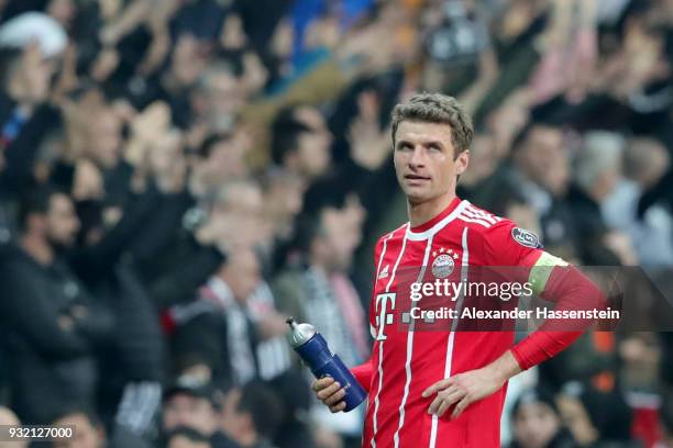 Thomas Mueller of FC Bayern Muenchen looks on during the UEFA Champions League Round of 16 Second Leg match Besiktas and Bayern Muenchen at Vodafone...