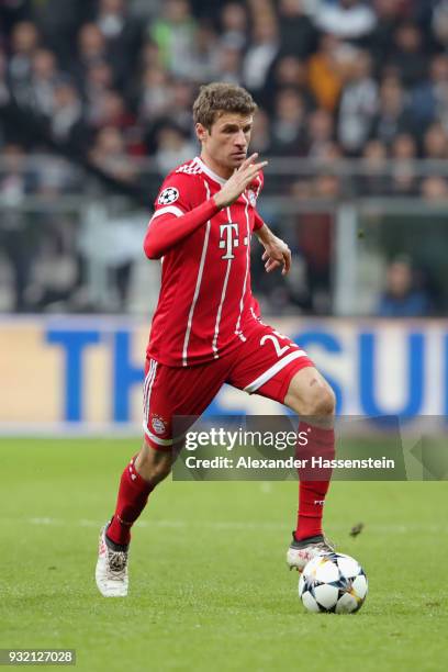 Thomas Mueller of FC Bayern Muenchen runs with the ball during the UEFA Champions League Round of 16 Second Leg match Besiktas and Bayern Muenchen at...