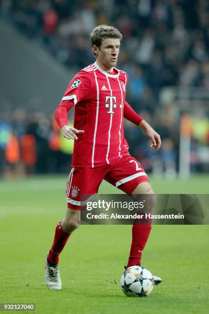 Thomas Mueller of FC Bayern Muenchen runs with the ball during the UEFA Champions League Round of 16 Second Leg match Besiktas and Bayern Muenchen at...