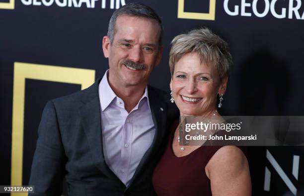 Astronauts Chris Hadfield and Peggy Whitson,, magazine detail attends "One Strange Rock" World Premiere at Alice Tully Hall on March 14, 2018 in New...