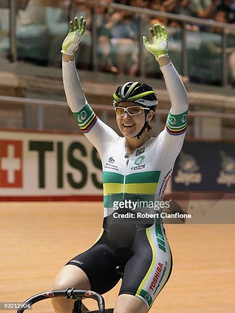 Anna Meares of Australia celebrates after she defeated Shuang Guo of China in the finals of the Women's Sprint during day one of 2009 UCI Track World...