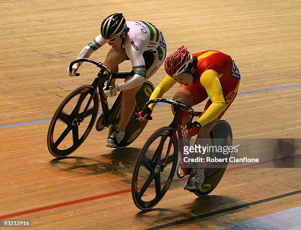 Anna Meares of Australia on her way to defeating Shuang Guo of China in the finals of the Women's Sprint during day one of 2009 UCI Track World Cup...