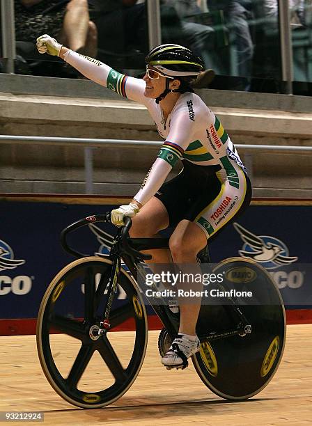 Anna Meares of Australia celebrates after she defeated Shuang Guo of China in the finals of the Women's Sprint during day one of 2009 UCI Track World...