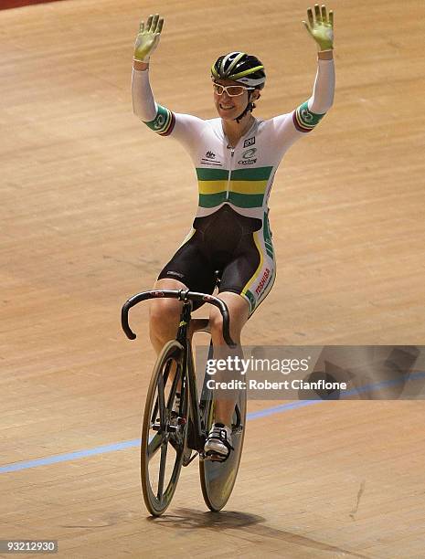 Anna Meares of Australia celebrates after she defeated Shuang Guo of China in the finals of the Women's Sprint during day one of 2009 UCI Track World...