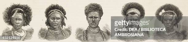 Portraits of natives from New Guinea, illustration from The Graphic, volume XXVIII, no 712, July 21, 1883.