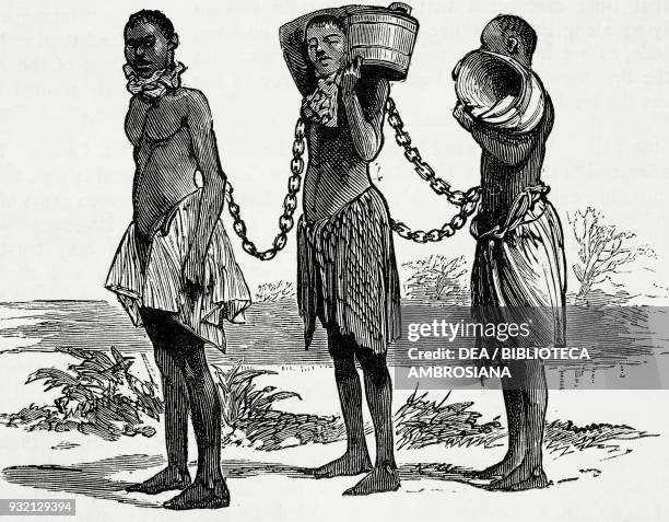 Three slaves in irons for misconduct, Kabenda, Zambia, illustration from The Graphic, volume XXVIII, no 712, July 21, 1883.