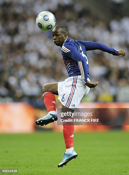 French forward Lassana Diarra heads off the ball during the World Cup 2010 qualifying football match France vs. Republic of Ireland on November 18,...