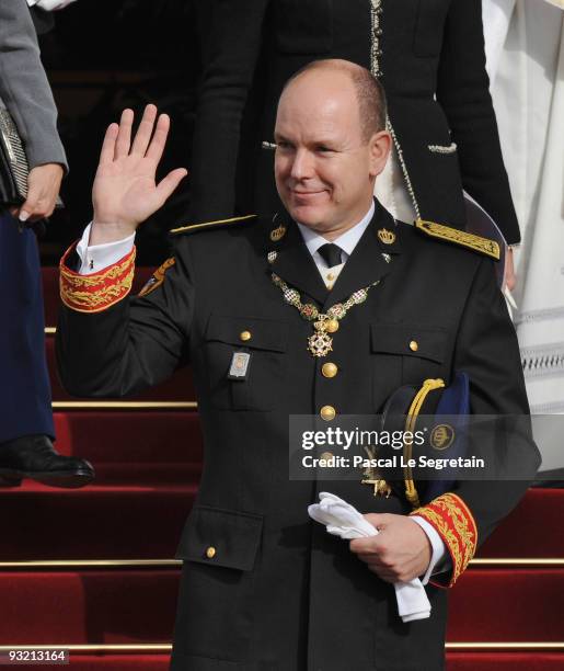 Prince Albert II of Monaco leaves the Cathedral after he attended the annual traditional Thanksgiving Mass as part of Monaco's National Day...