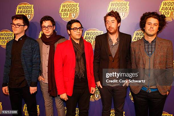 Musicians Nate Donmoyer, Nate Apruzzes, Ayad Al Adhamy, Ian Hultquist and Michael Angelakos of Passion Pit attend the 2009 mtvU Woodie Awards at the...