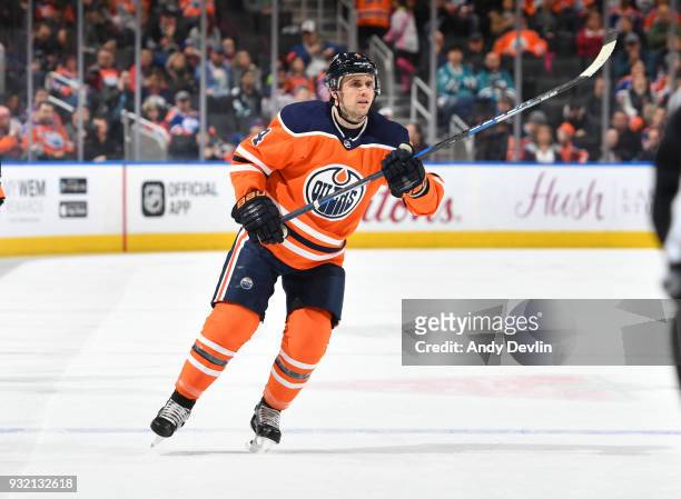 Kris Russell of the Edmonton Oilers skates during the game against the San Jose Sharks on March 14, 2018 at Rogers Place in Edmonton, Alberta, Canada.