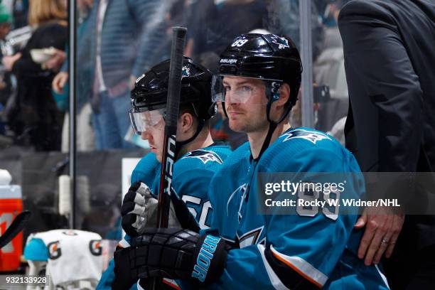 Mikkel Boedker of the San Jose Sharks looks on during the game against the St. Louis Blues at SAP Center on March 8, 2018 in San Jose, California....