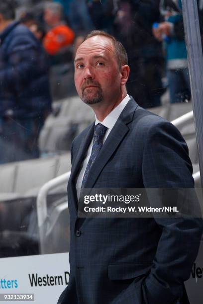 Head coach Peter DeBoer of the San Jose Sharks looks on during the game against the St. Louis Blues at SAP Center on March 8, 2018 in San Jose,...