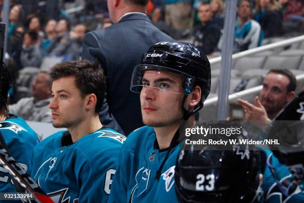 Timo Meier of the San Jose Sharks looks on during the game against the St. Louis Blues at SAP Center on March 8, 2018 in San Jose, California. Timo...