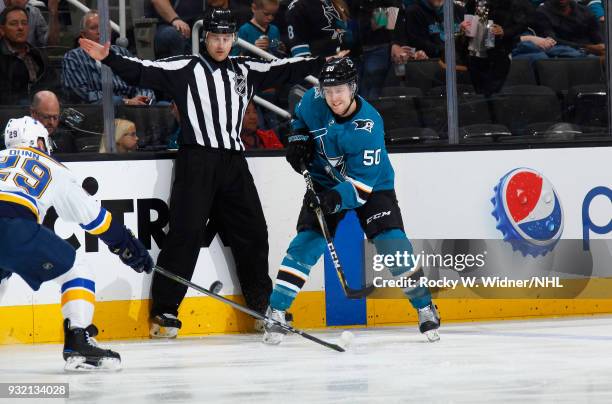 Chris Tierney of the San Jose Sharks skates against the St. Louis Blues at SAP Center on March 8, 2018 in San Jose, California.