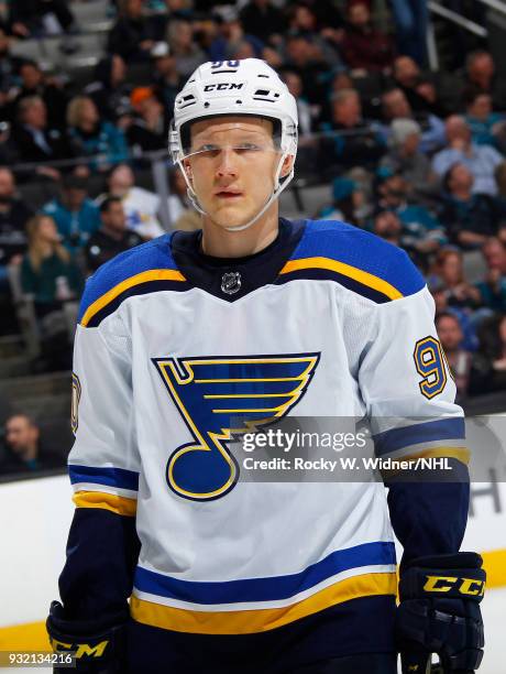 Nikita Soshnikov of the St. Louis Blues looks on during the game against the San Jose Sharks at SAP Center on March 8, 2018 in San Jose, California.