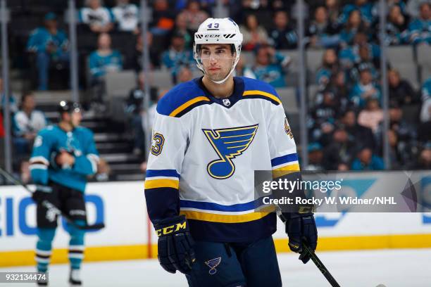 Jordan Schmaltz of the St. Louis Blues looks on during the game against the San Jose Sharks at SAP Center on March 8, 2018 in San Jose, California....