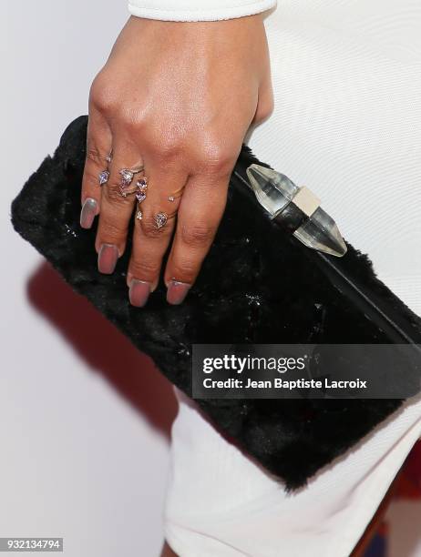 Sierra Capri, rings details, attends the premiere of Netflix's 'On My Block' on March 14, 2018 in Los Angeles, California.