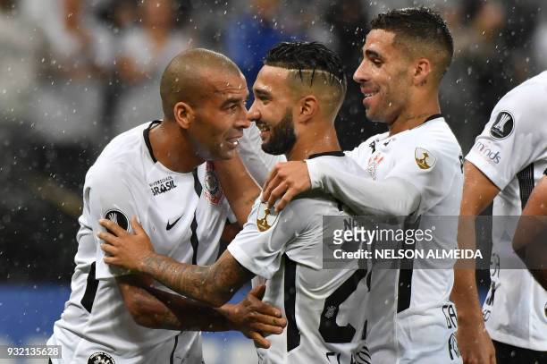 Emerson Sheik of Brazil's Corinthians celebrates with teammates his goal against Venezuela's Deportivo Lara, during their 2018 Copa Libertadores...