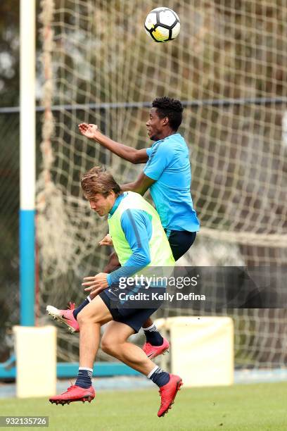 Bruce Kamau of Melbourne City heads the ball during a Melbourne City FC A-League training session at City Football Academy on March 15, 2018 in...