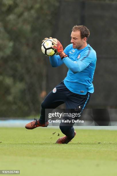 Eugene Galekovic of Melbourne City catchs the ball during a Melbourne City FC A-League training session at City Football Academy on March 15, 2018 in...