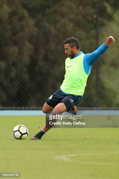 Manny Muscat of Melbourne City kicks the ball during a Melbourne City FC A-League training session at City Football Academy on March 15, 2018 in...