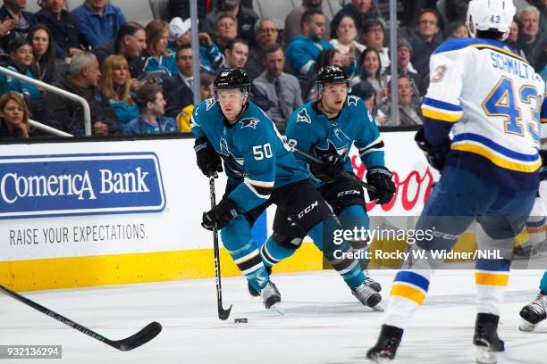 Chris Tierney of the San Jose Sharks skates with the puck against the St. Louis Blues at SAP Center on March 8, 2018 in San Jose, California. Chris...