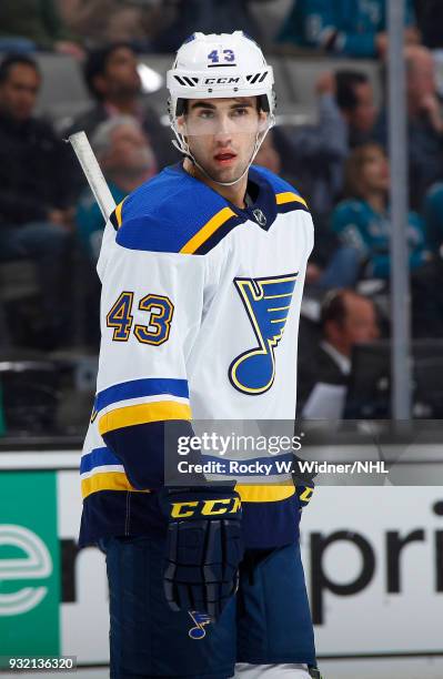 Jordan Schmaltz of the St. Louis Blues looks on during the game against the San Jose Sharks at SAP Center on March 8, 2018 in San Jose, California.