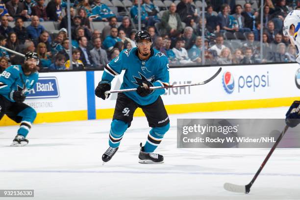 Evander Kane of the San Jose Sharks skates against the St. Louis Blues at SAP Center on March 8, 2018 in San Jose, California. Evander Kane