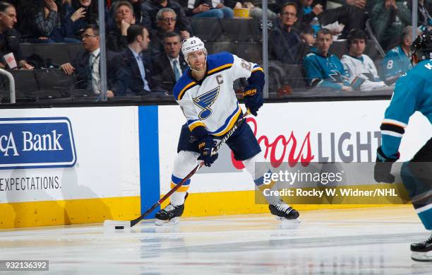 Alex Pietrangelo of the St. Louis Blues skates with the puck against the San Jose Sharks at SAP Center on March 8, 2018 in San Jose, California. Alex...