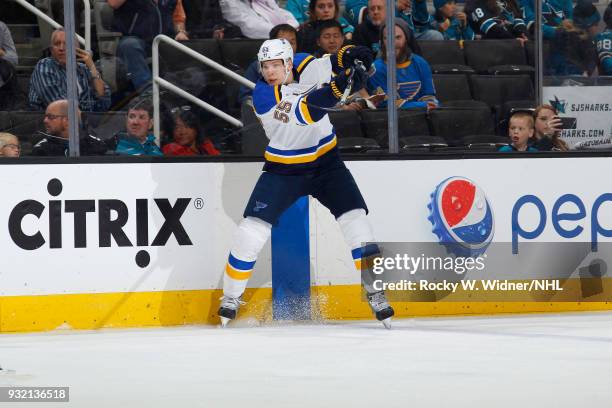 Colton Parayko of the St. Louis Blues passes the puck against the San Jose Sharks at SAP Center on March 8, 2018 in San Jose, California. Colton...