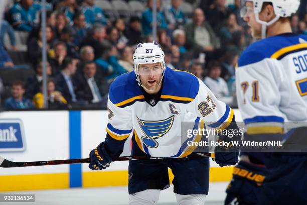 Alex Pietrangelo of the St. Louis Blues skates against the San Jose Sharks at SAP Center on March 8, 2018 in San Jose, California.