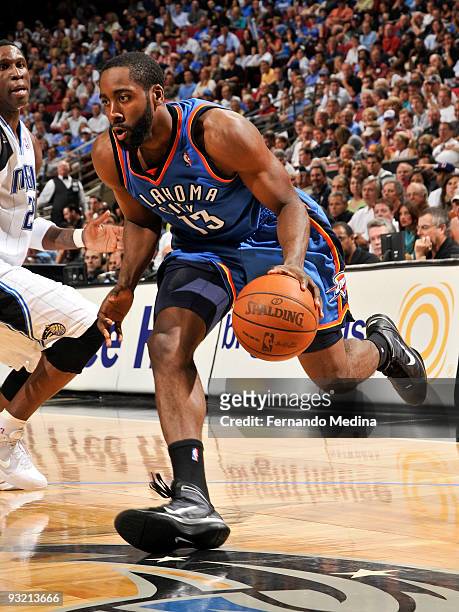 James Harden of the Oklahoma City Thunder drives against the Orlando Magic during the game on November 18, 2009 at Amway Arena in Orlando, Florida....