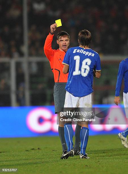 Daniele Galloppa of Italy receives the yellow card from referee Damir Skomina during International Friendly Match beetwen Italy and Sweden at Dino...