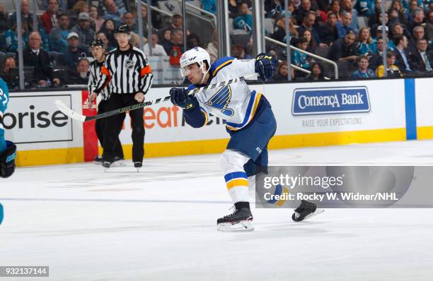 Jordan Schmaltz of the St. Louis Blues shoots the puck against the San Jose Sharks at SAP Center on March 8, 2018 in San Jose, California. Jordan...