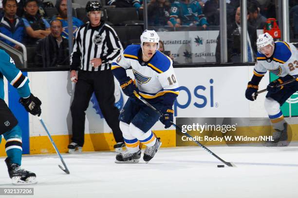 Brayden Schenn of the St. Louis Blues skates with the puck against the San Jose Sharks at SAP Center on March 8, 2018 in San Jose, California....