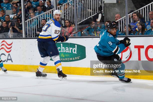 Evander Kane of the San Jose Sharks skates against Joonas Donskoi of the St. Louis Blues at SAP Center on March 8, 2018 in San Jose, California....