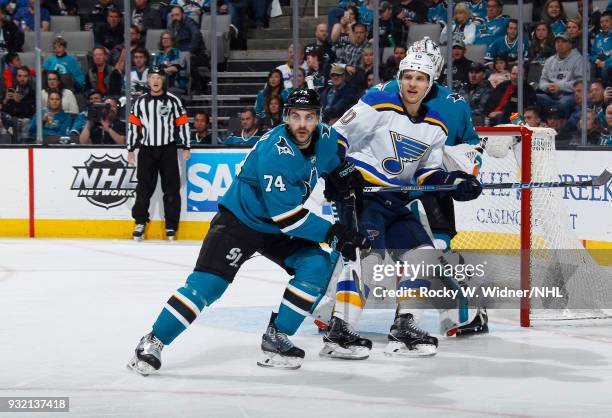 Dylan DeMelo of the San Jose Sharks defends the net against Brayden Schenn of the St. Louis Blues at SAP Center on March 8, 2018 in San Jose,...