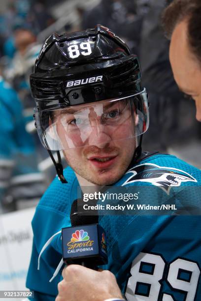 Mikkel Boedker of the San Jose Sharks speaks with media after defeating the St. Louis Blues at SAP Center on March 8, 2018 in San Jose, California....