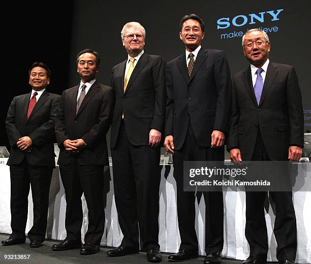 Sony Corporation Chairman, CEO and President Howard Stringer poses with Executive Deputy President Hiroshi Yoshioka , Corporate Executive, SVP,...