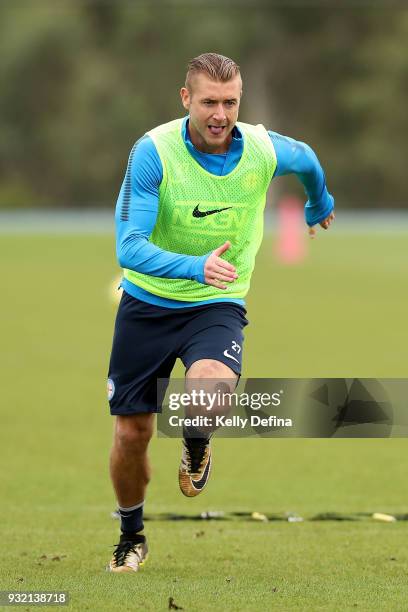 Marcin Budzinski of Melbourne City runs an agility drill at a Melbourne City FC A-League training session at City Football Academy on March 15, 2018...