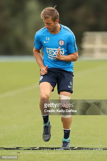 Stefan Mauk of Melbourne City runs during a Melbourne City FC A-League training session at City Football Academy on March 15, 2018 in Melbourne,...