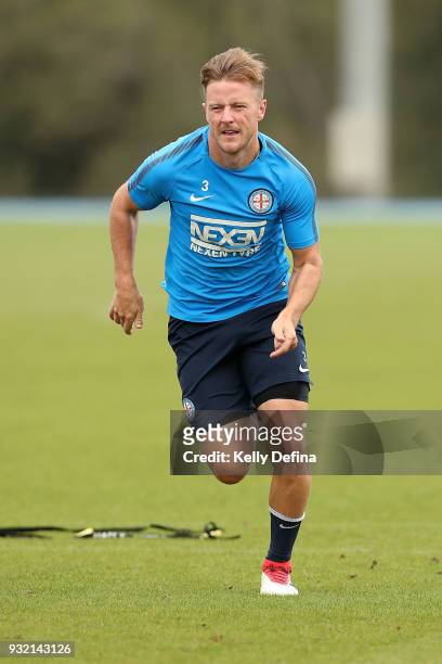 Scott Jamieson of Melbourne City runs an agility drill at a Melbourne City FC A-League training session at City Football Academy on March 15, 2018 in...