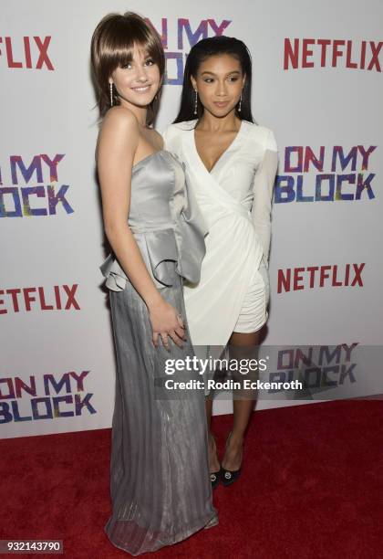 Ronni Hawk and Sierra Capri arrive at the premiere of Netflix's "On My Block" at NETFLIX on March 14, 2018 in Los Angeles, California.