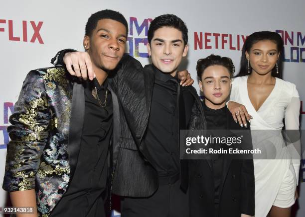 Brett Gray, Diego Tinoco, Jason Genao, and Sierra Capri arrive at the premiere of Netflix's "On My Block" at NETFLIX on March 14, 2018 in Los...