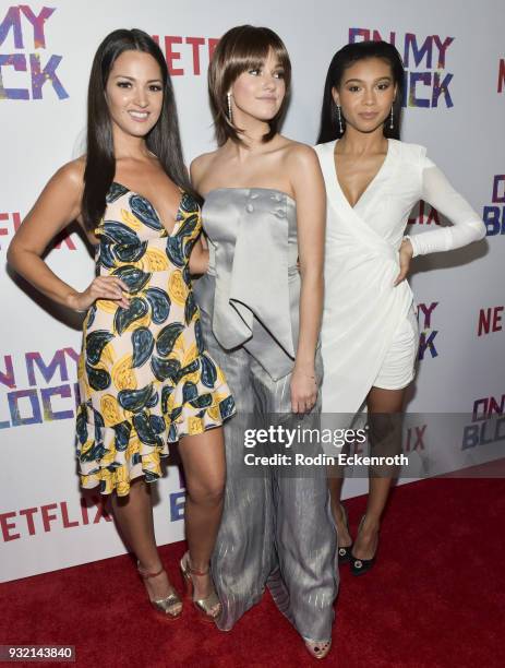 Actors Paula Garces, Ronni Hawk, and Sierra Capri arrive at the premiere of Netflix's "On My Block" at NETFLIX on March 14, 2018 in Los Angeles,...